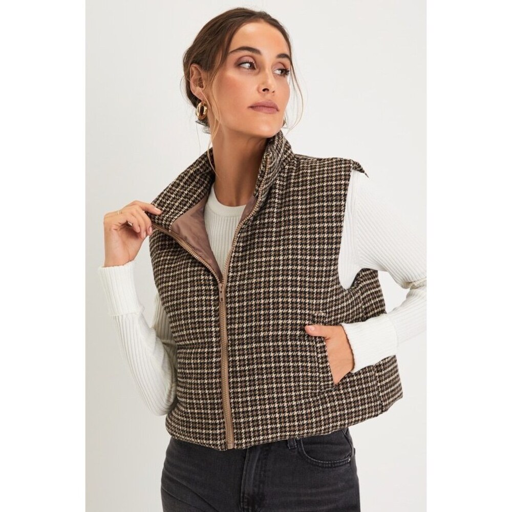 Lulus Cloud Nine Cutie Brown Houndstooth Cropped Puffer Vest - Size S